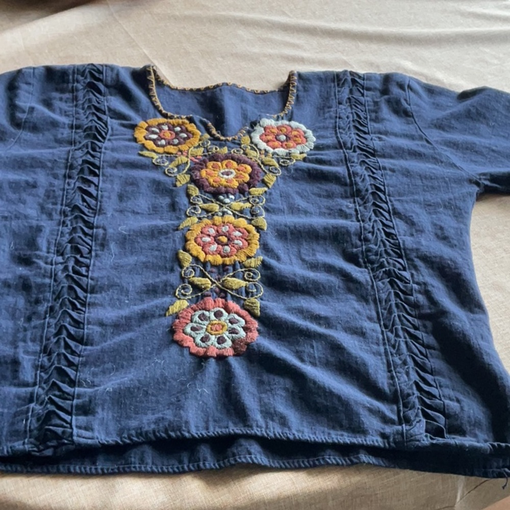 Embroidered Navy Cotton Shirt. From Mexico.
